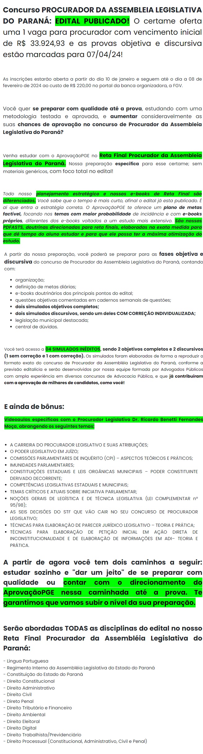PROCURADOR ASSEMBLEIA LEGISLATIVA DO PARANÁ - ALPR - RETA FINAL - PÓS EDITAL - APROVAÇÃO PGE 2024